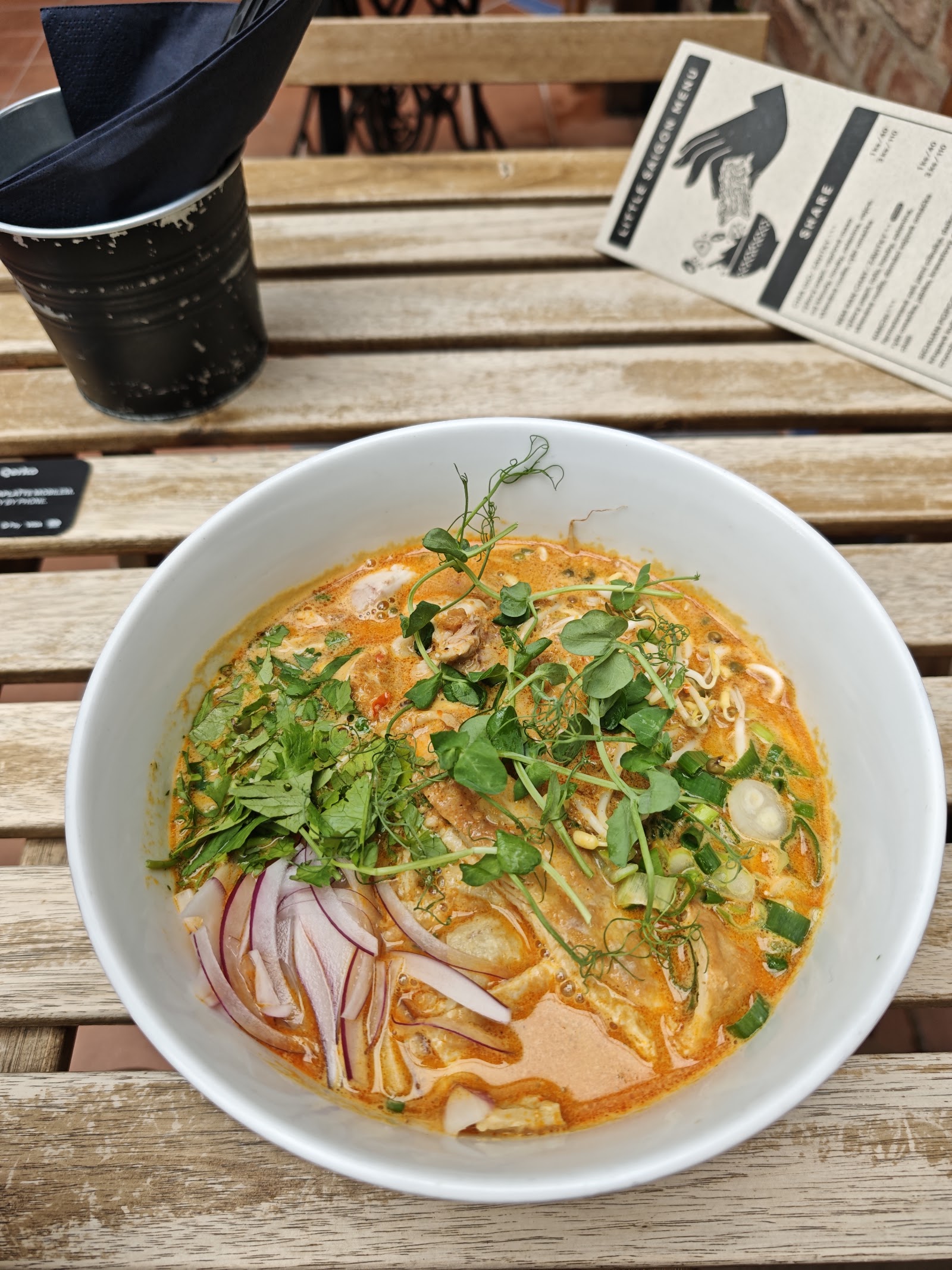 Krémová laksa s bylinkami, cibulí a kuřecím masem.